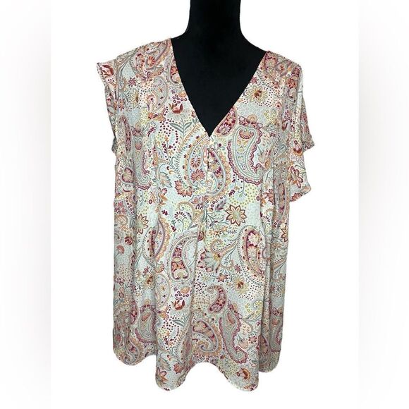 NWT CYNTHIA ROWLEY WOMENS PAISLEY V-NECK SHORT SLEEVE SUMMER BLOUSE SIZE 3XL - Picture 4 of 10